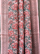 Floral patterned saree with pink and green flower motifs on a textured background