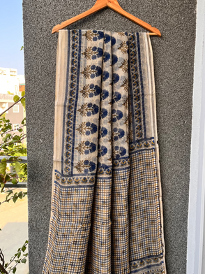 Beige & Blue Bagru Kota doriya Saree