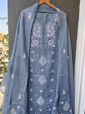 Anupama Cool Grey Unstitched Chikankari & Applique Suit Set