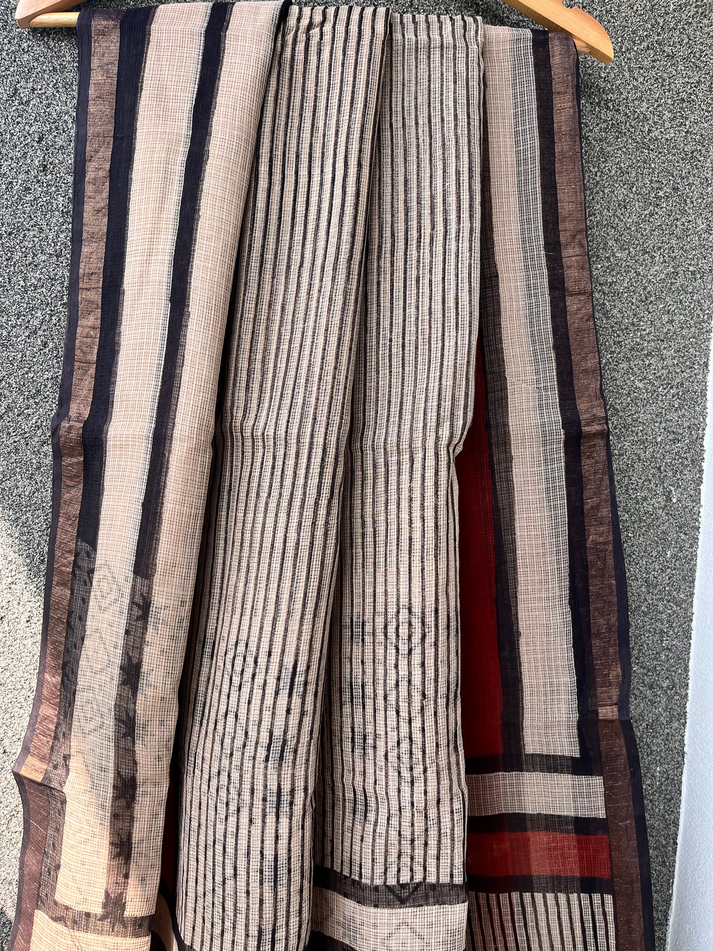 Beige and Black Striped Kota doriya Saree