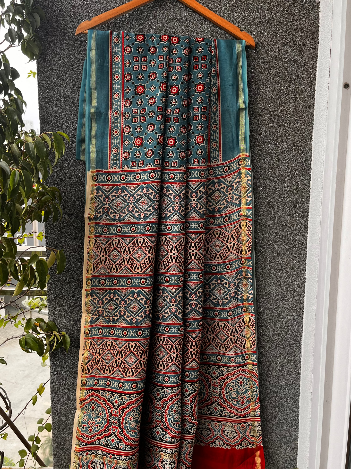 Teal Blue Ajrakh Chanderi Saree
