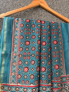 Teal Blue Ajrakh Chanderi Saree