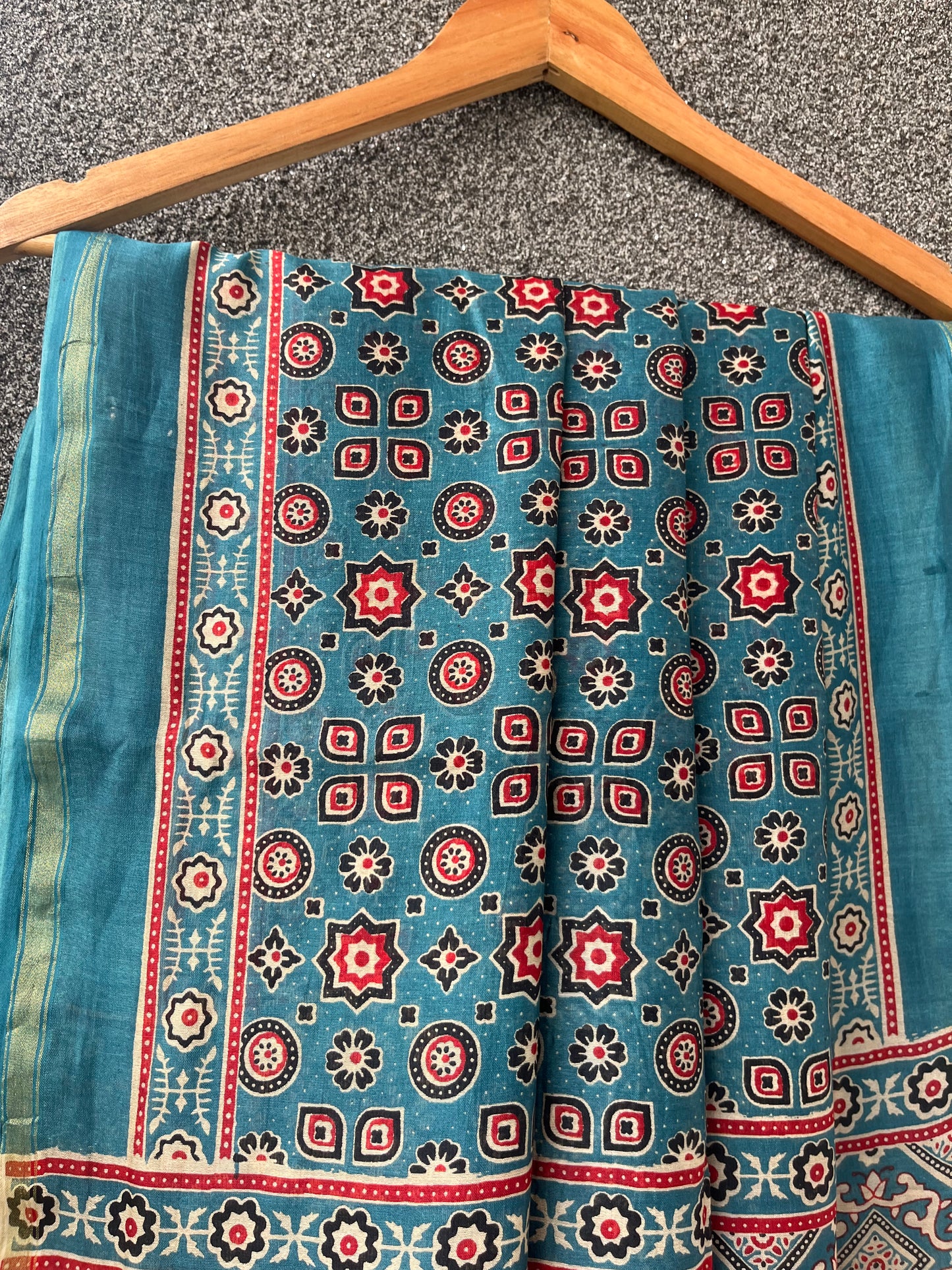 Teal Blue Ajrakh Chanderi Saree