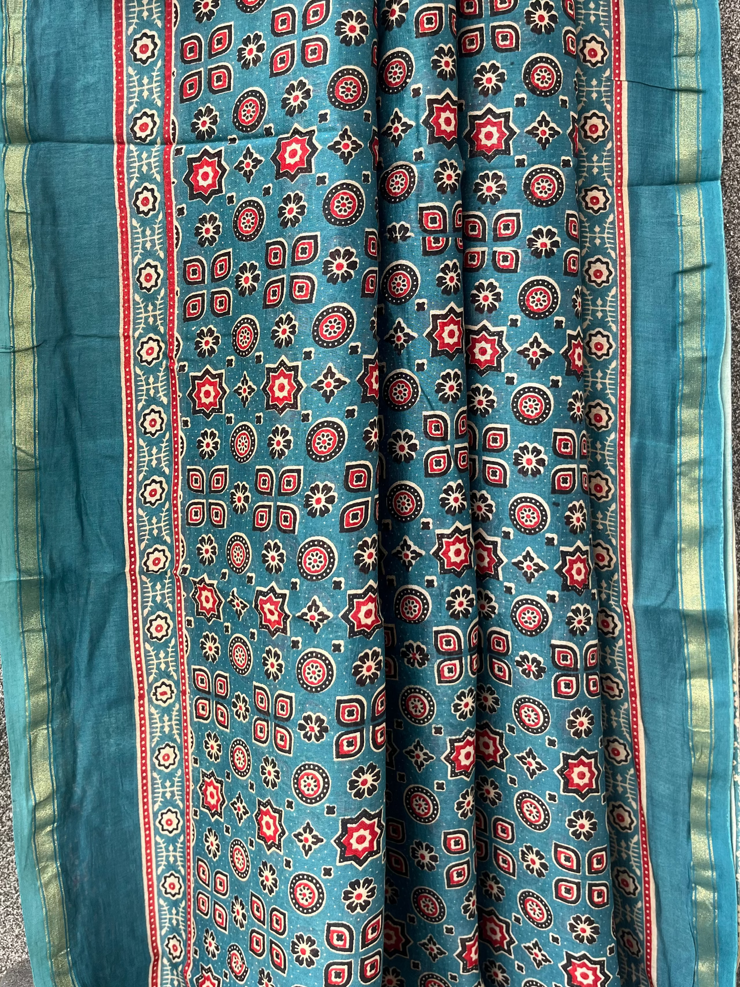 Teal Blue Ajrakh Chanderi Saree