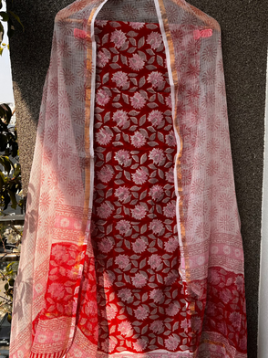 Red & Pink Hand block print suit with kota dupatta
