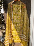 Green & yellow Hand block print suit with kota dupatta