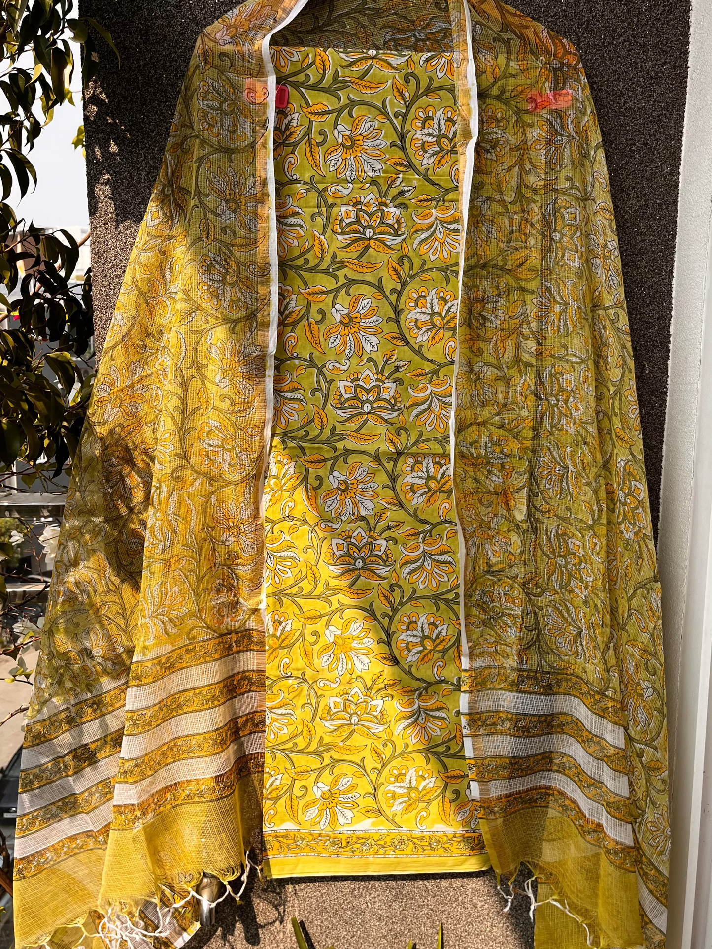 Green & yellow Hand block print suit with kota dupatta