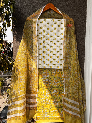 Green & yellow Hand block print suit with kota dupatta