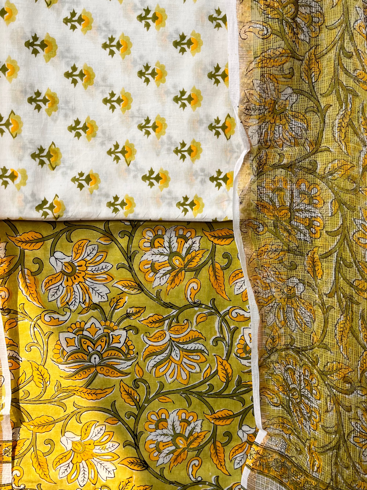 Green & yellow Hand block print suit with kota dupatta