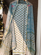Blue & Yellow Hand block print suit with kota dupatta