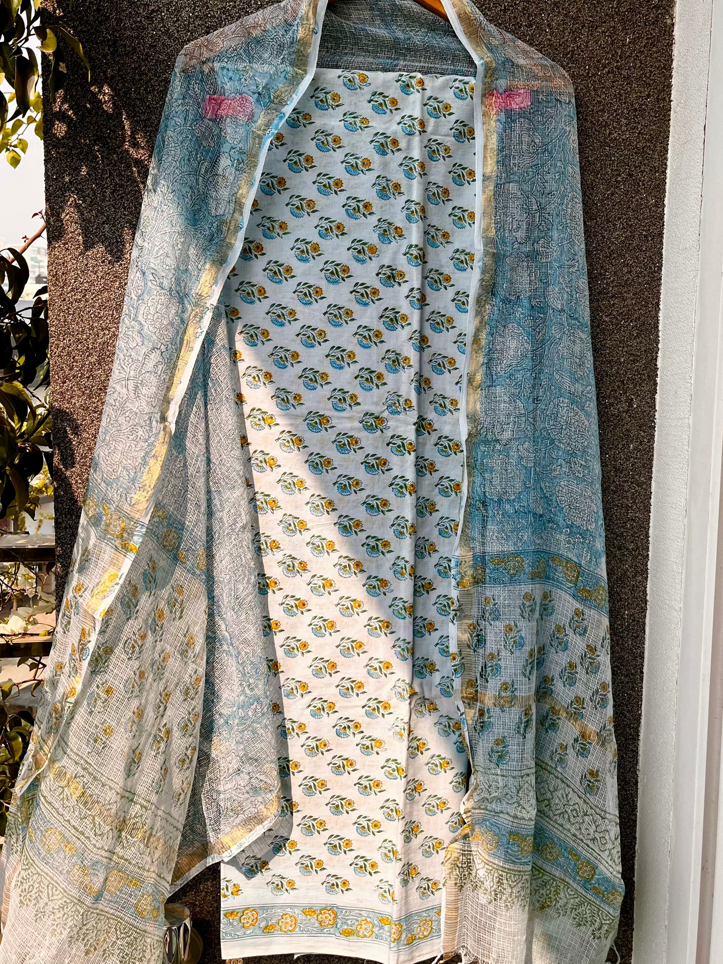 Blue & Yellow Hand block print suit with kota dupatta