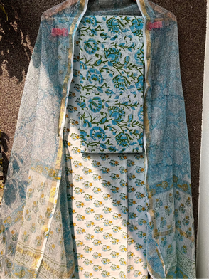 Blue & Yellow Hand block print suit with kota dupatta