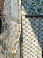 Blue & Yellow Hand block print suit with kota dupatta