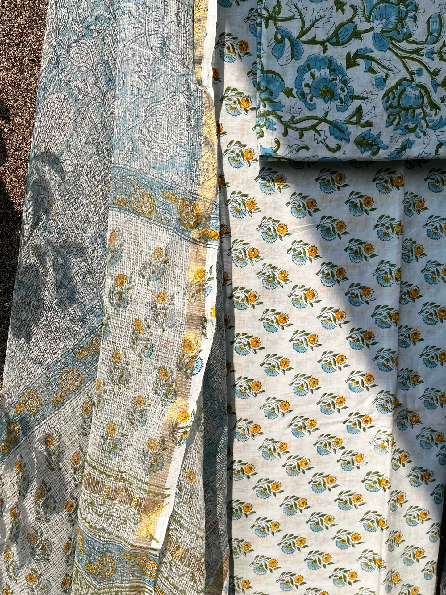 Blue & Yellow Hand block print suit with kota dupatta