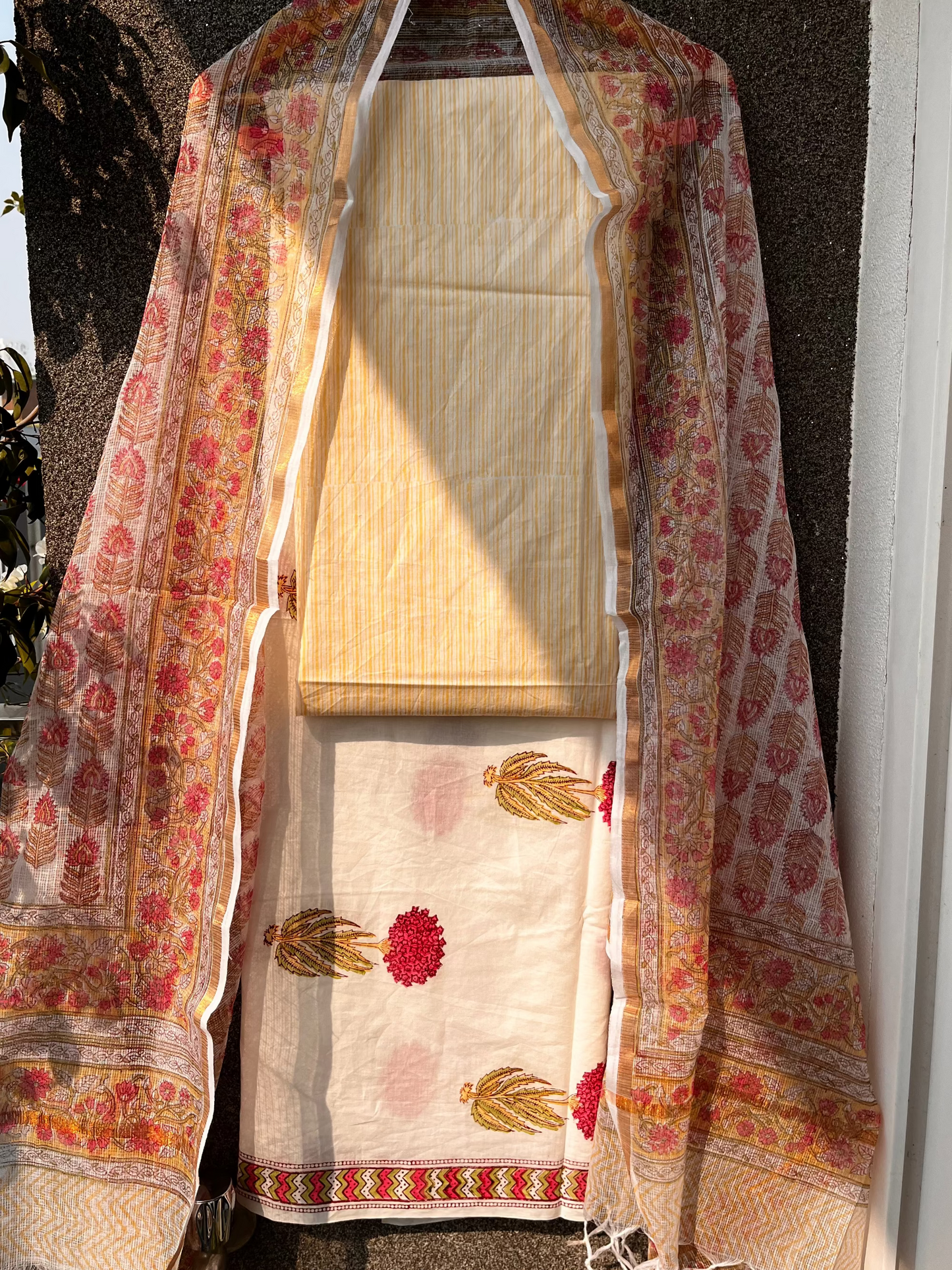 Pink White Hand block print suit with kota dupatta