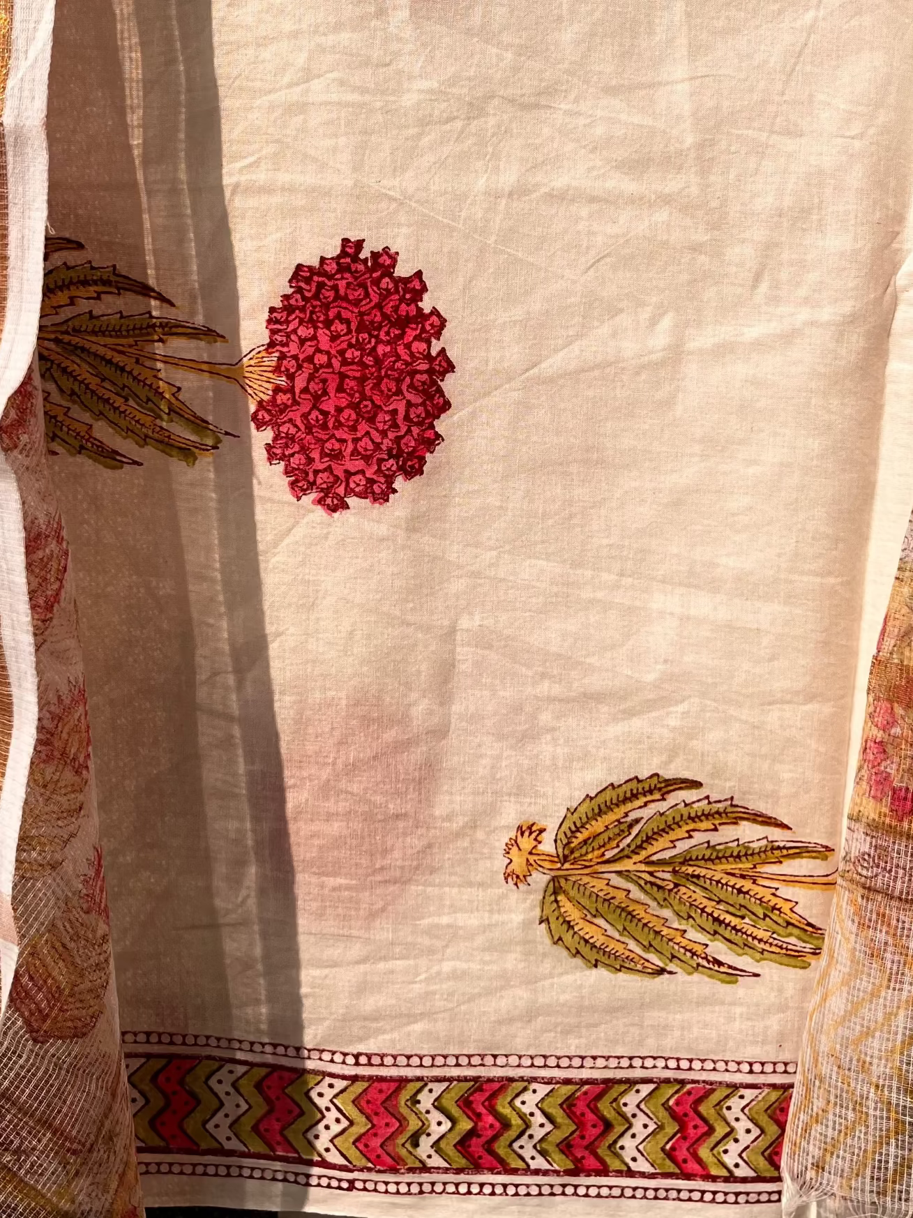 Pink White Hand block print suit with kota dupatta