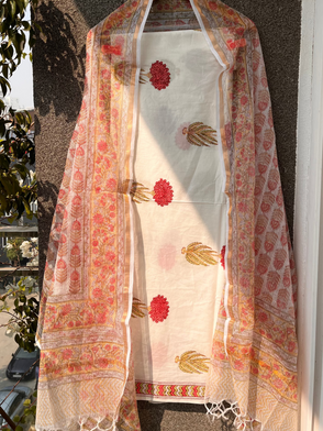 Pink White Hand block print suit with kota dupatta