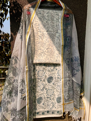 Blue & White Hand block print suit with kota dupatta