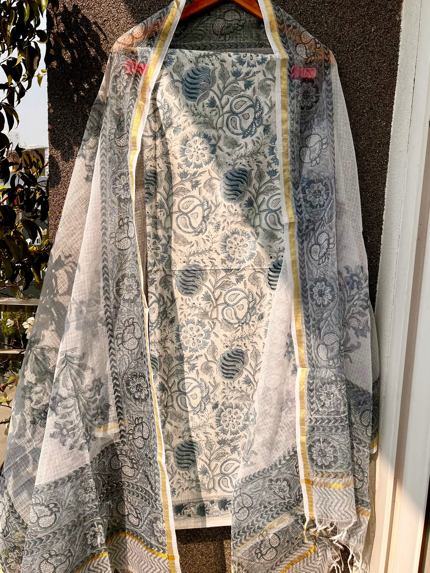 Blue & White Hand block print suit with kota dupatta