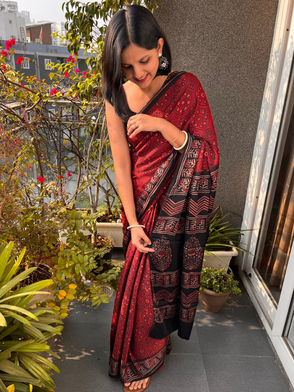 Red Pure Modal Silk Ajrakh Saree