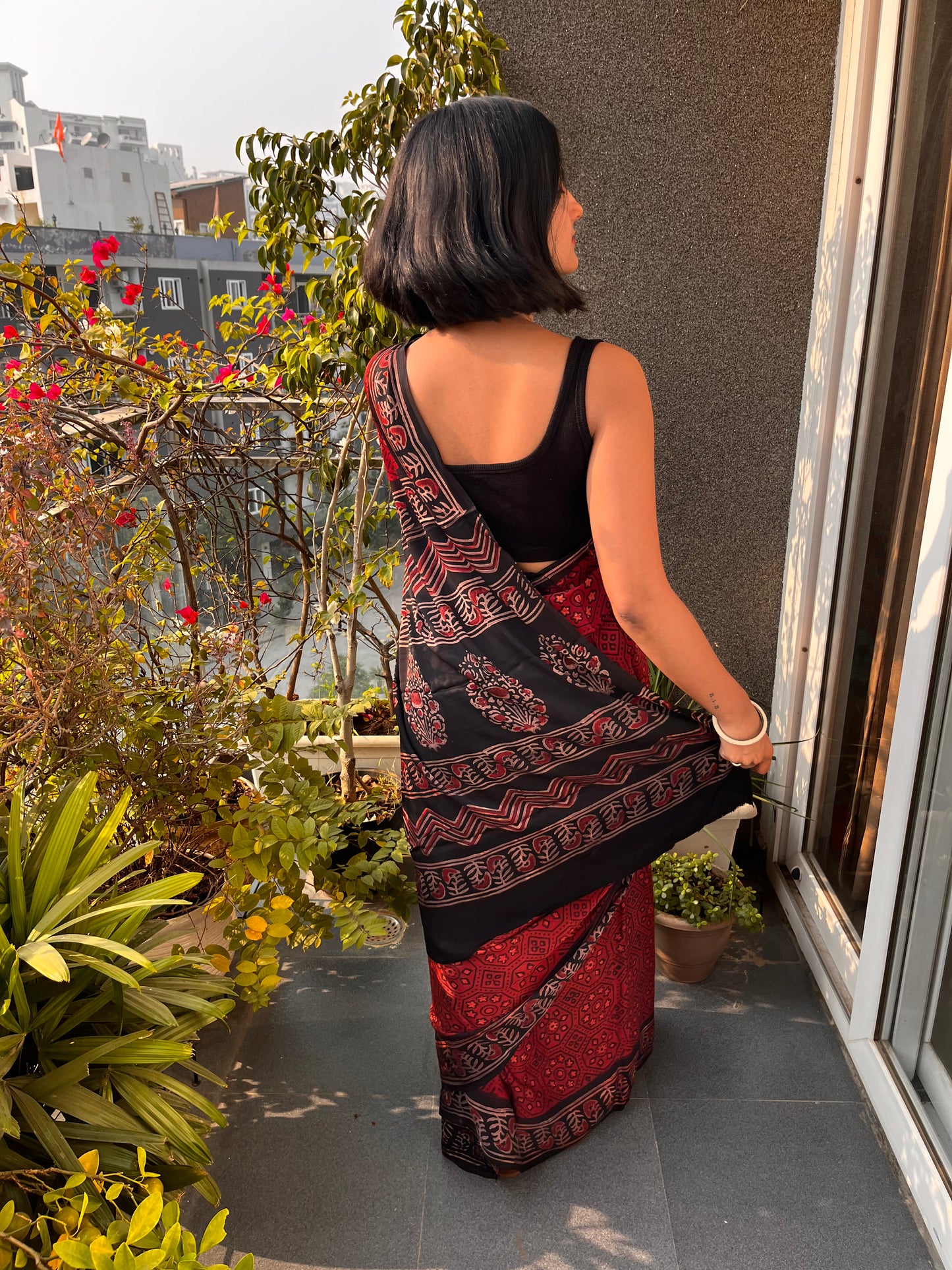 Red Pure Modal Silk Ajrakh Saree