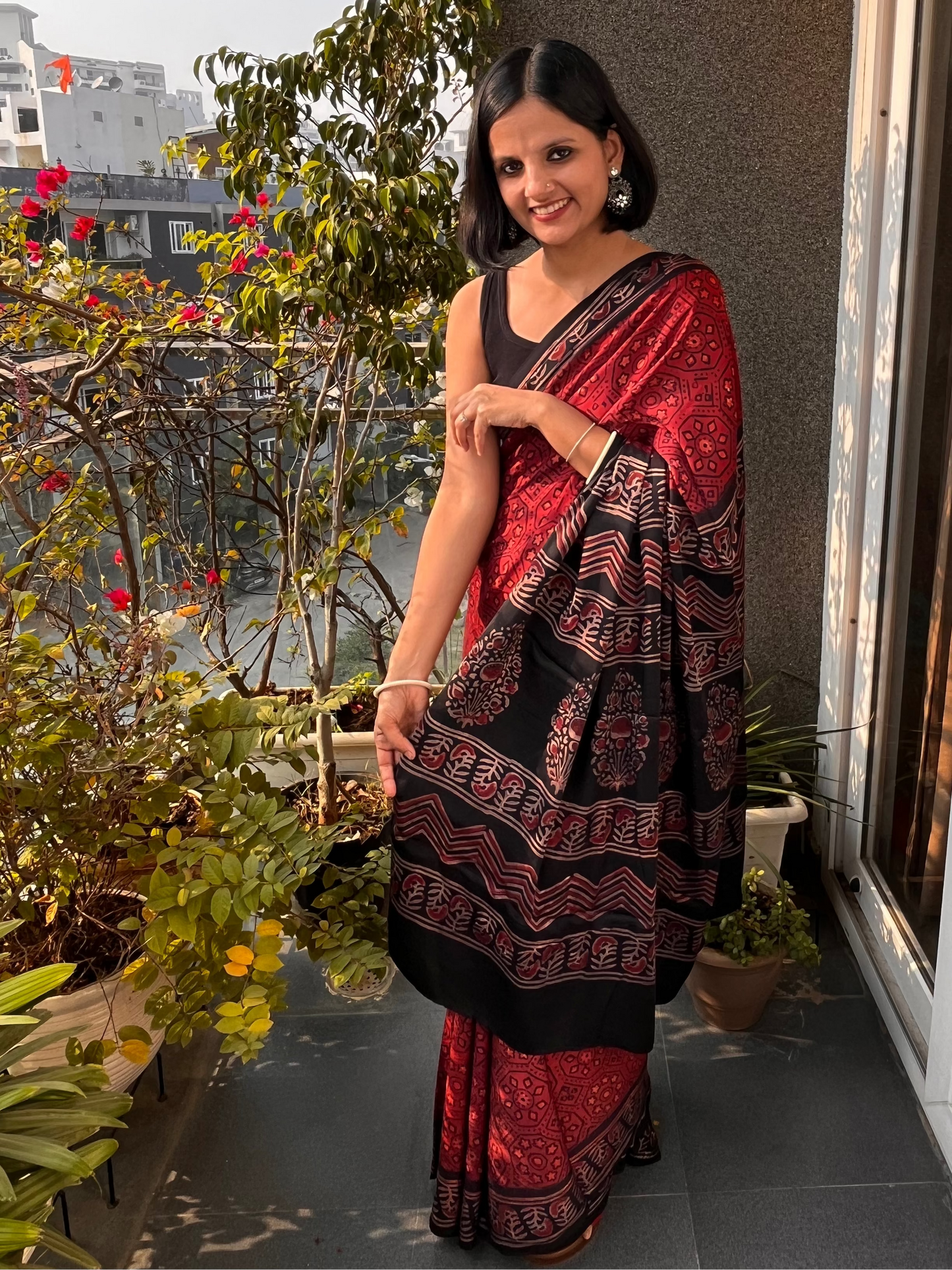 Red Pure Modal Silk Ajrakh Saree