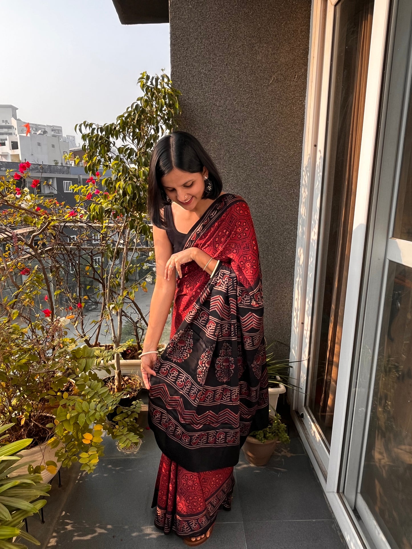 Red Pure Modal Silk Ajrakh Saree