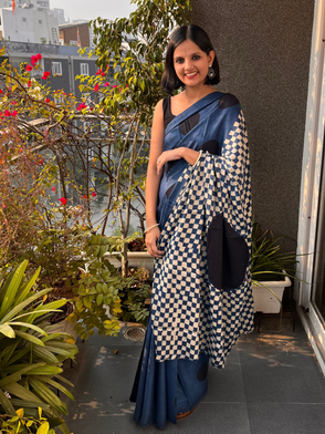 Blue Polka Pure Modal Silk Ajrakh Saree