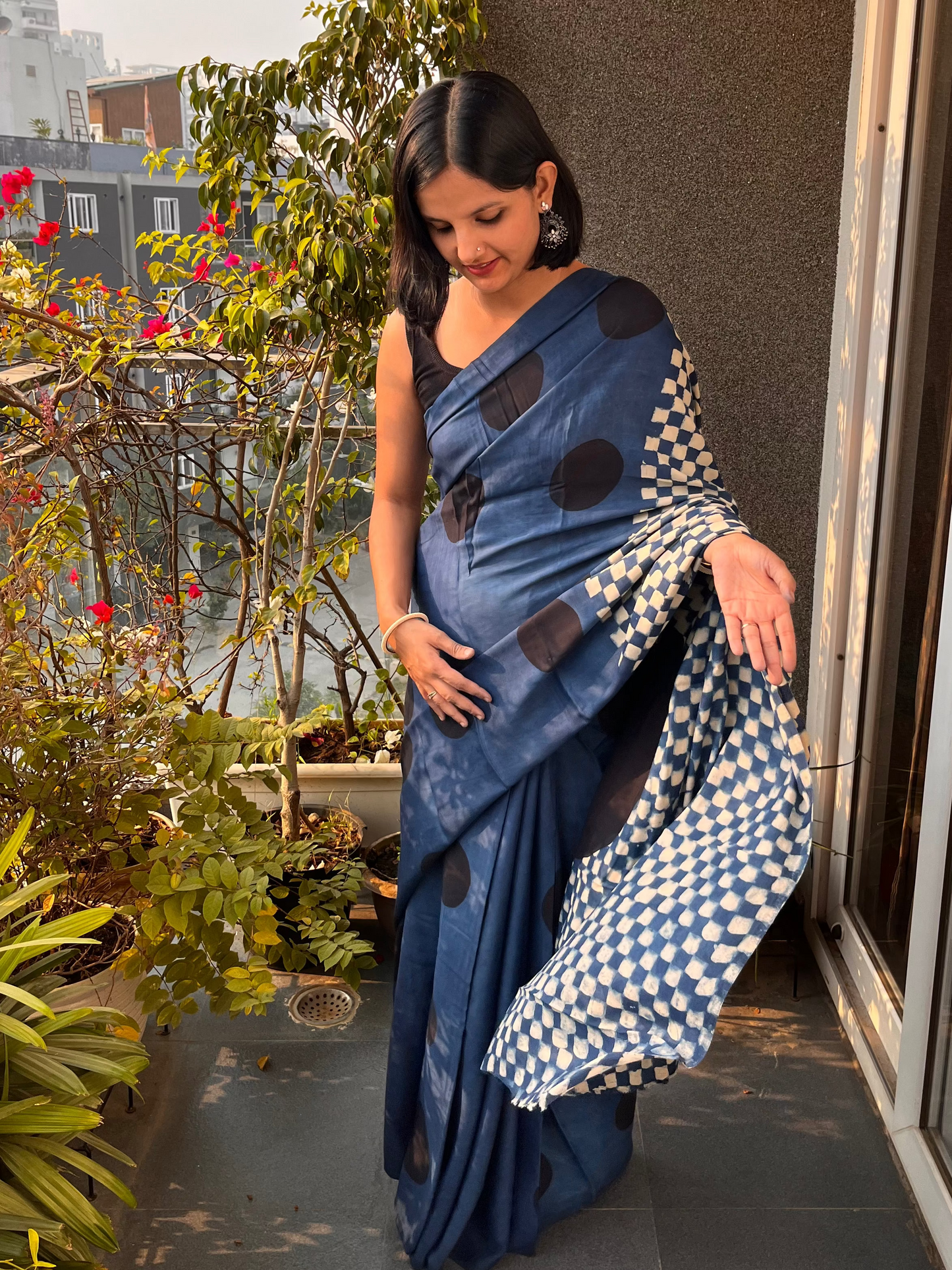 Blue Polka Pure Modal Silk Ajrakh Saree