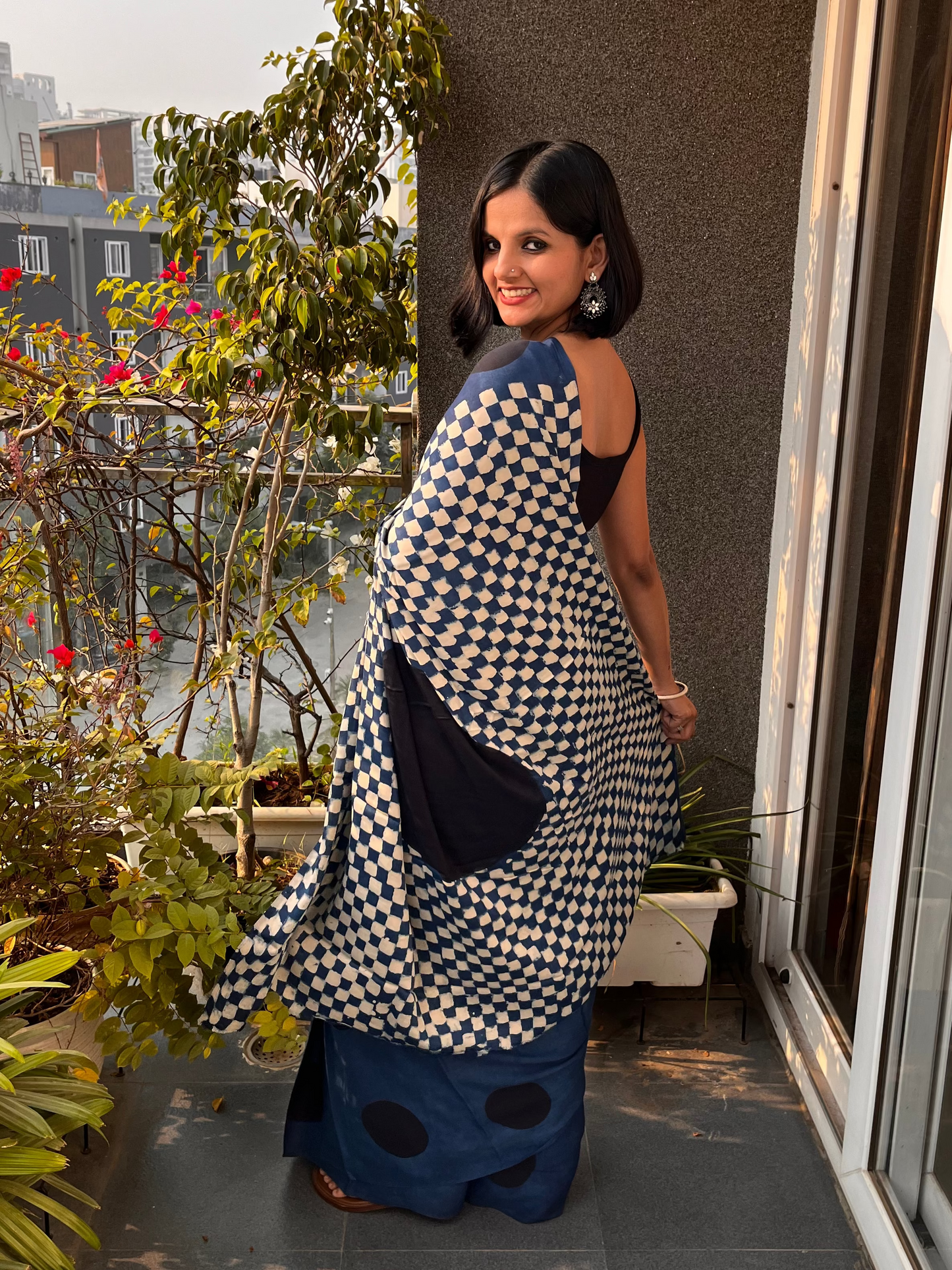 Blue Polka Pure Modal Silk Ajrakh Saree
