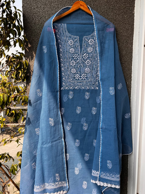 Akanksha Blue Unstitched Chikankari Kurta Set