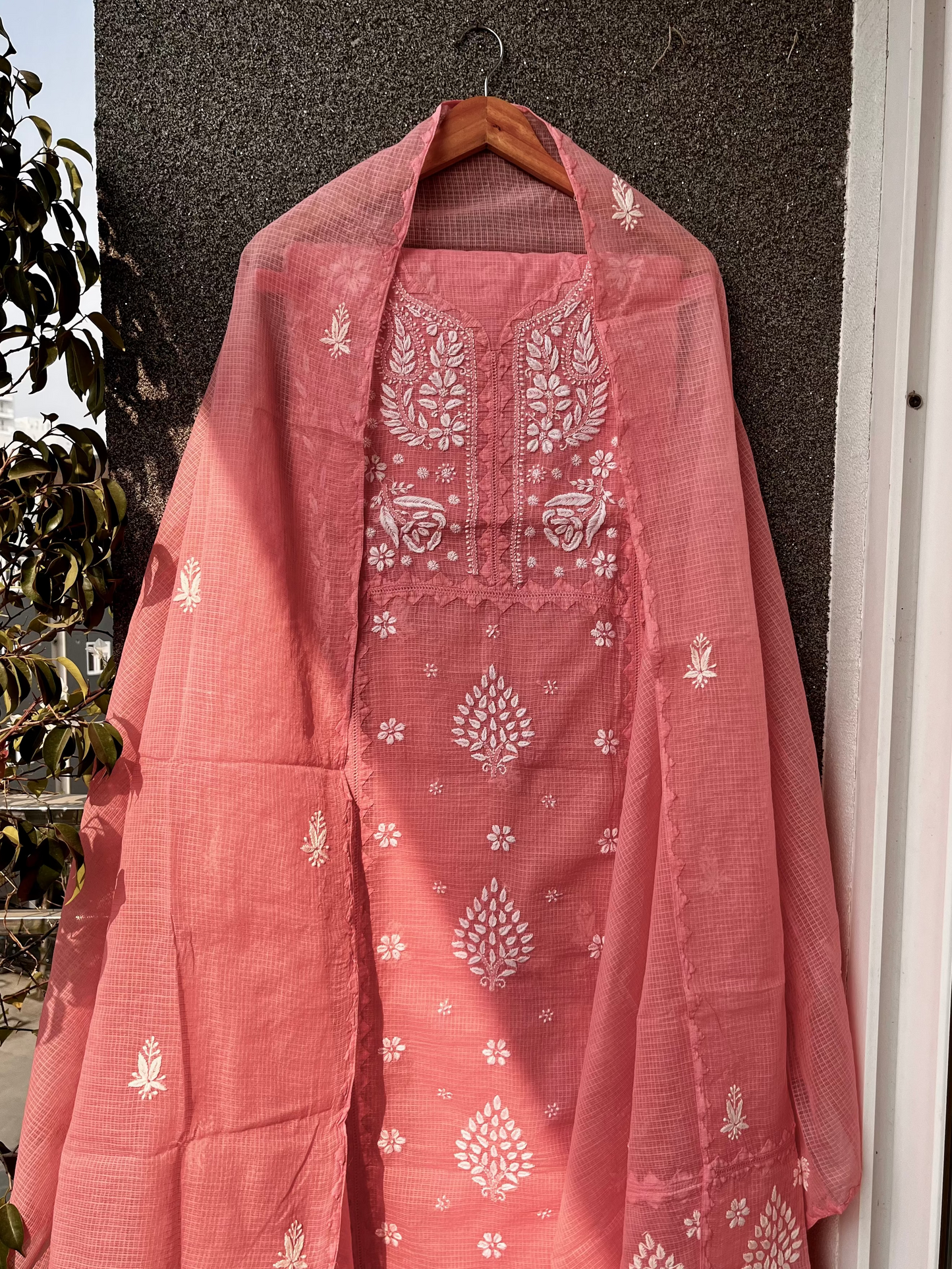 Anupama Peach Unstitched Chikankari & Applique Suit Set