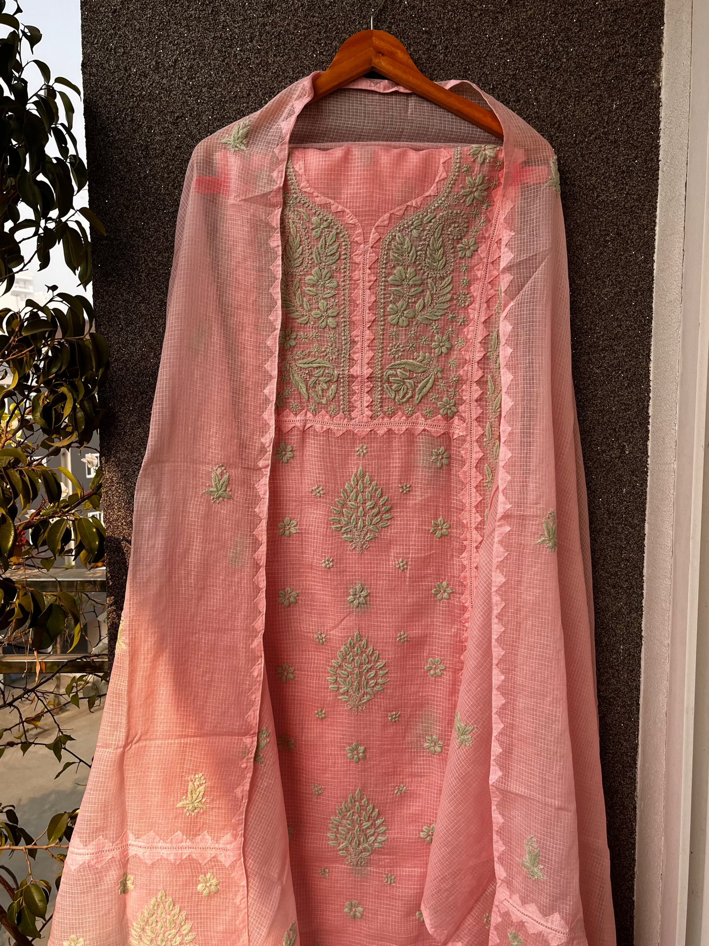 Anupama Pink & Green Unstitched Chikankari & Applique Suit Set