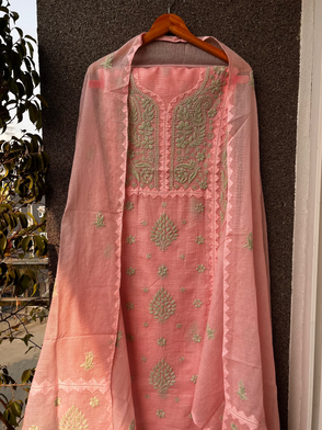Anupama Pink & Green Unstitched Chikankari & Applique Suit Set