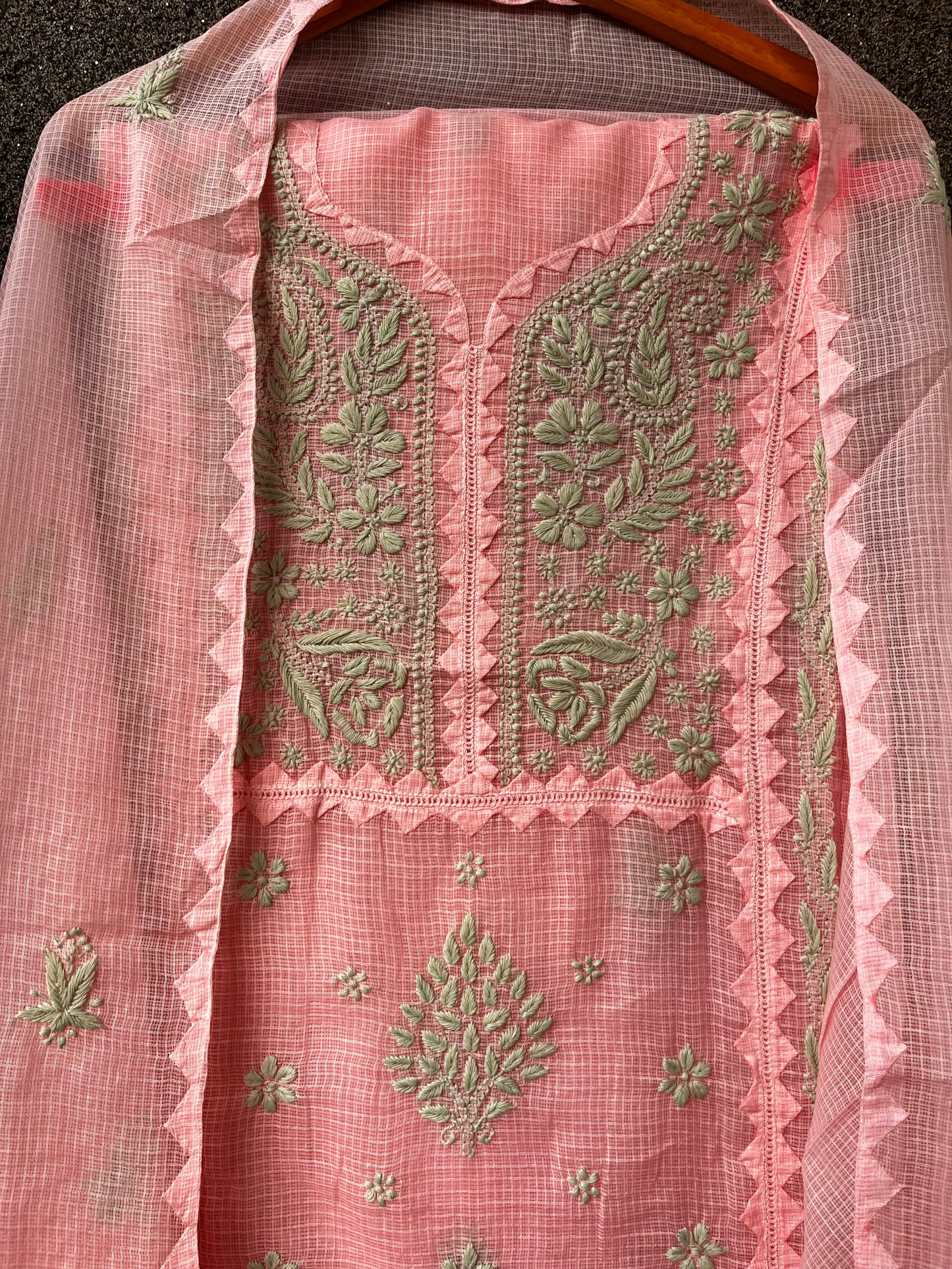 Anupama Pink & Green Unstitched Chikankari & Applique Suit Set
