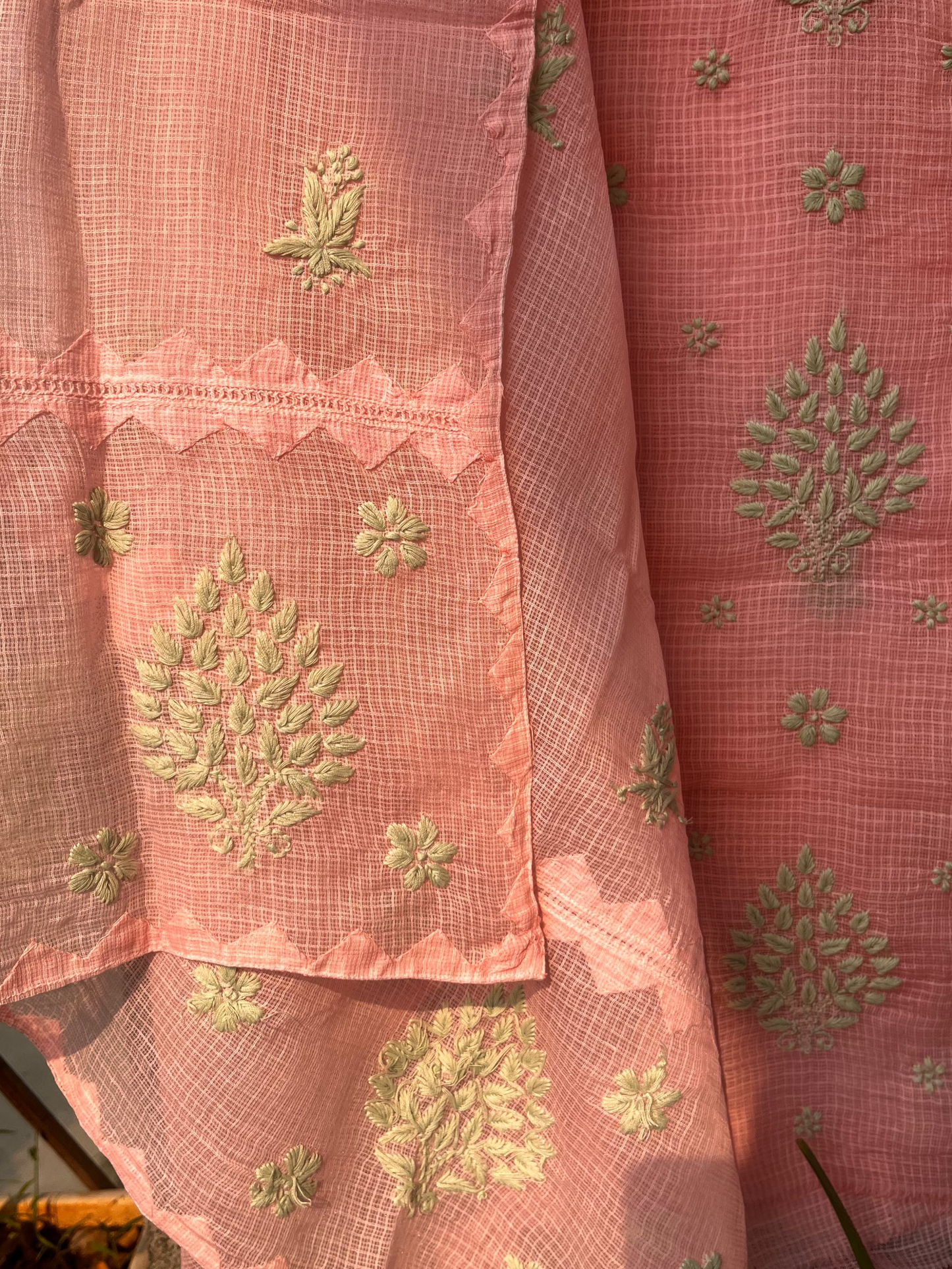 Anupama Pink & Green Unstitched Chikankari & Applique Suit Set