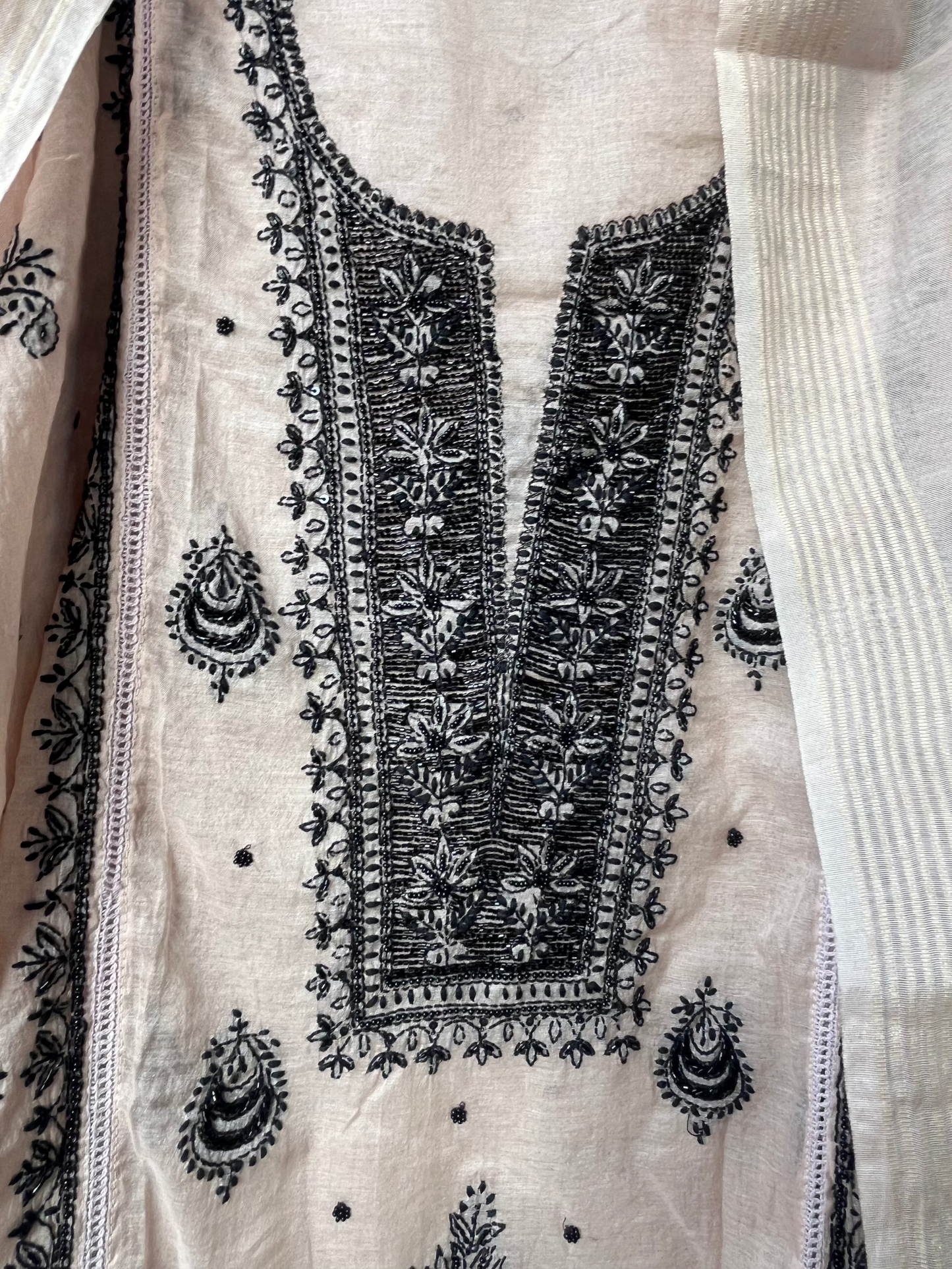 Anita Beige Chikankari 2 pc semi-stitched Kurta set with Pearl work