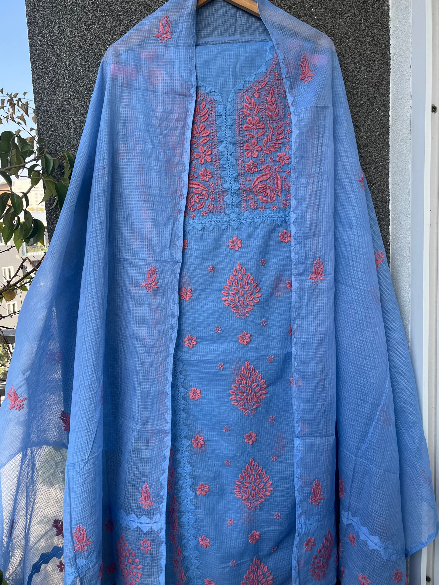 Anupama Blue & Pink Unstitched Chikankari & Applique 2 pc Suit Set