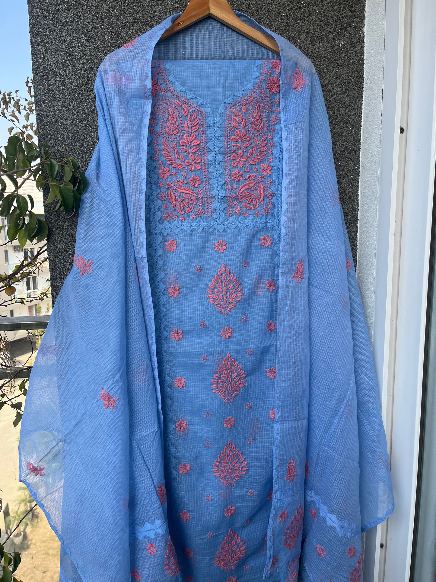 Anupama Blue & Pink Unstitched Chikankari & Applique 2 pc Suit Set