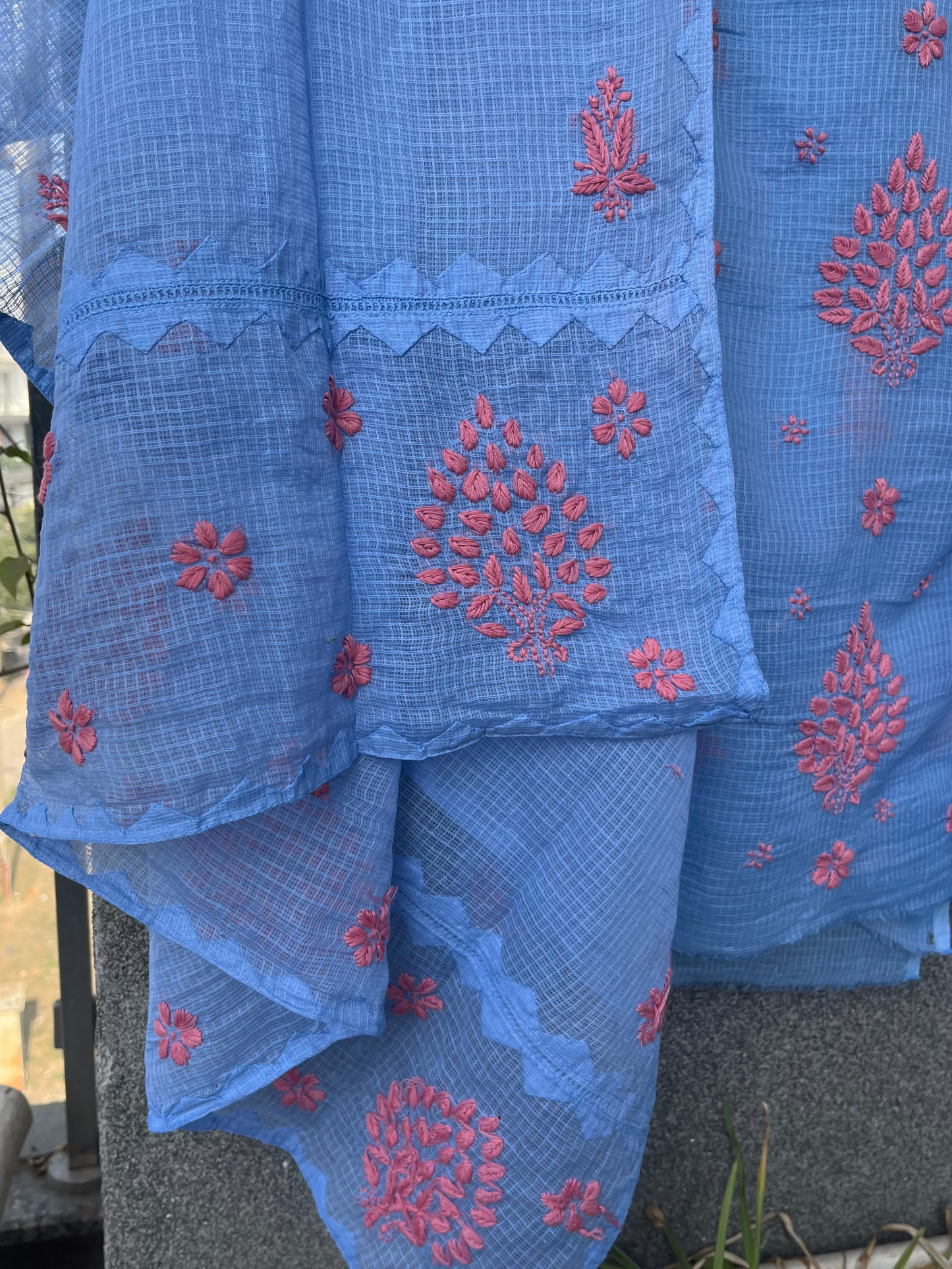 Anupama Blue & Pink Unstitched Chikankari & Applique 2 pc Suit Set