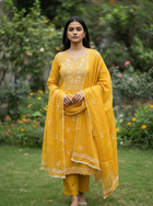 Akanksha Unstitched Yellow Chikankari Kurta Set