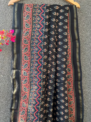 Black Dual Shade Ajrakh Chanderi Saree