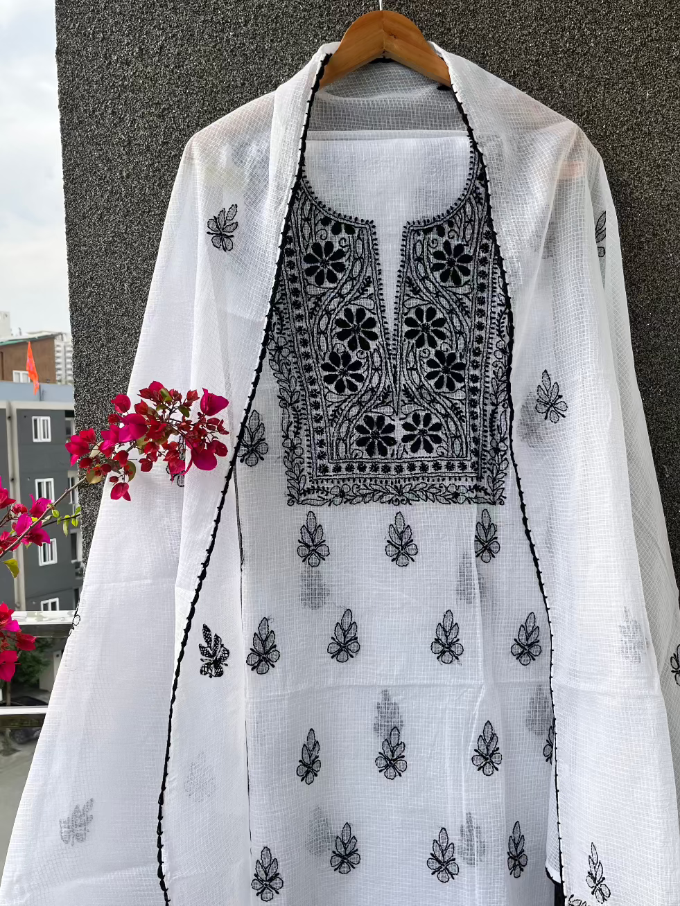 Akanksha Unstitched White & Black Chikankari Kurta Set
