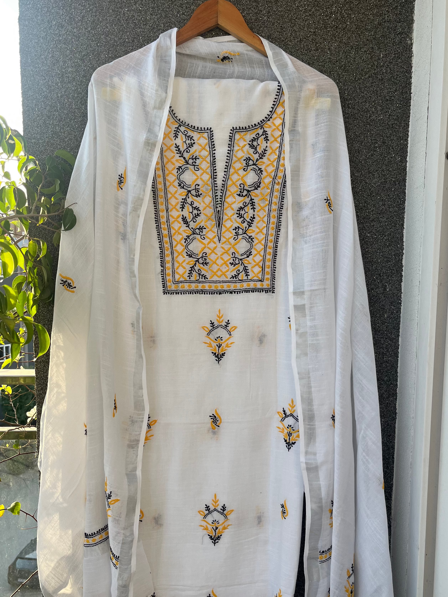Noor Yellow & black Unstitched Linen Chikankari  2 pc Suit Set