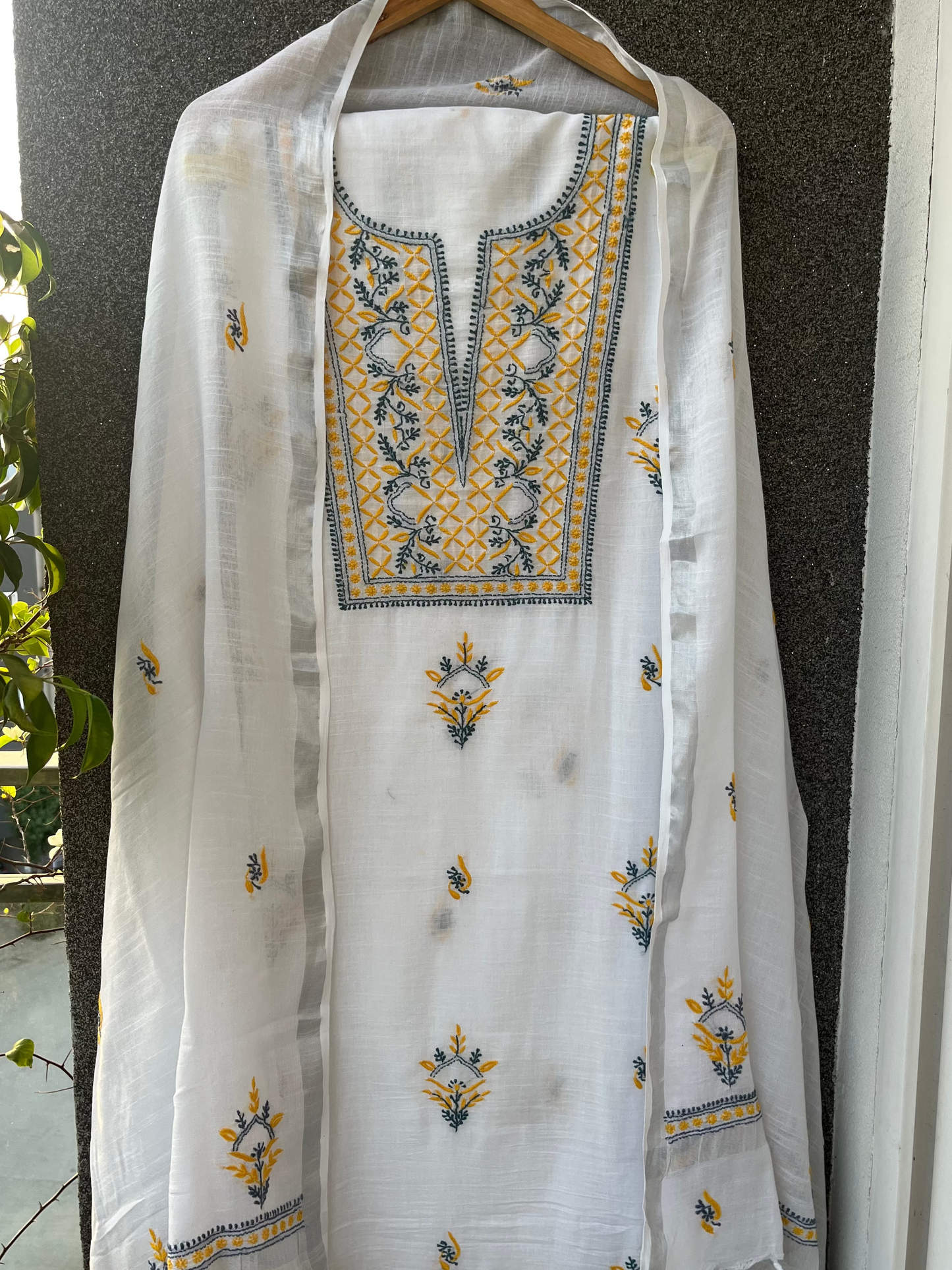 Noor Yellow & teal Unstitched Linen Chikankari  2 pc Suit Set