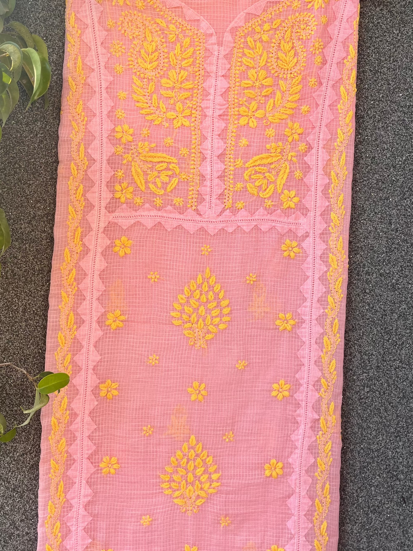 Anupama Pink & Yellow Unstitched Chikankari & Applique  2 pc Suit Set
