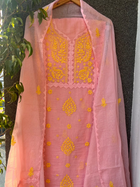 Anupama Pink & Yellow Unstitched Chikankari & Applique  2 pc Suit Set