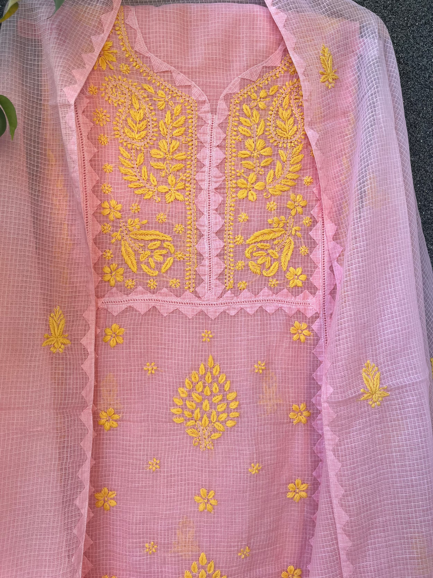 Anupama Pink & Yellow Unstitched Chikankari & Applique  2 pc Suit Set