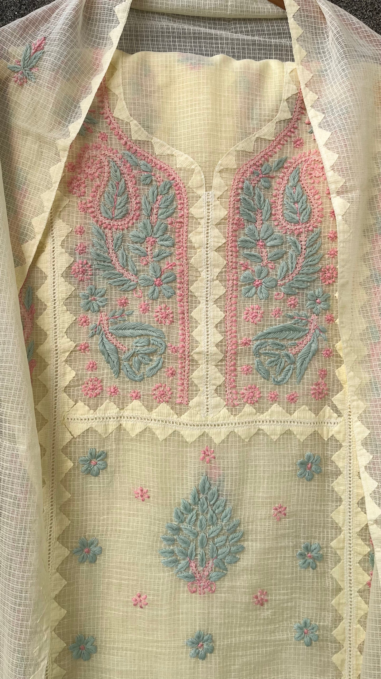 Anupama Lemon yellow Unstitched Chikankari & Applique 2 pc Suit Set