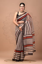 Beige and Black Striped Kota doriya Saree